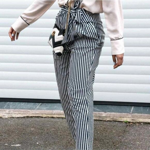 Zara Striped Paperbag Pants XS Black Belted Preppy Career Minimal Coastal Fall - Picture 1 of 6